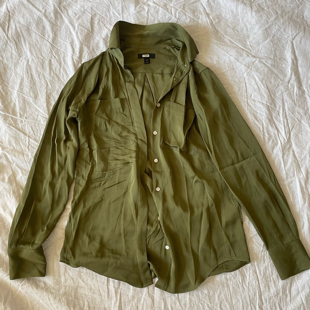 J Crew green silk button up shirt